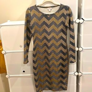 Lularoe gorgeous herringbone design dress gold, black and silver